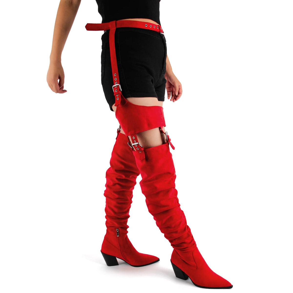 Suede Pleated Multi Buckle Chunky Heel Pant Boots