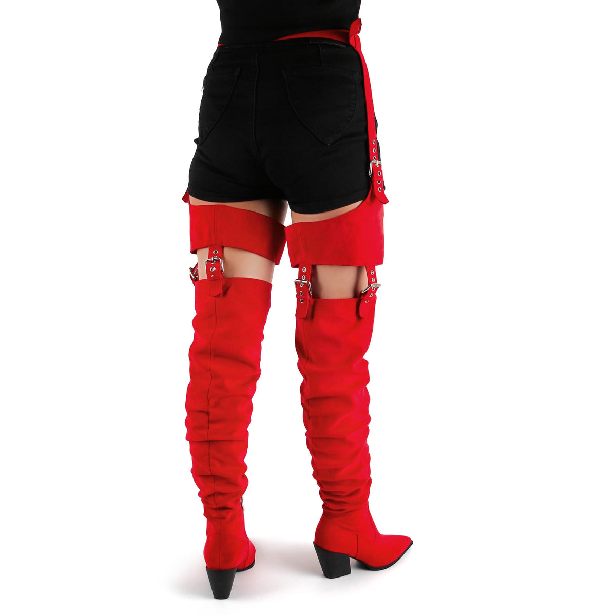 Suede Pleated Multi Buckle Chunky Heel Pant Boots