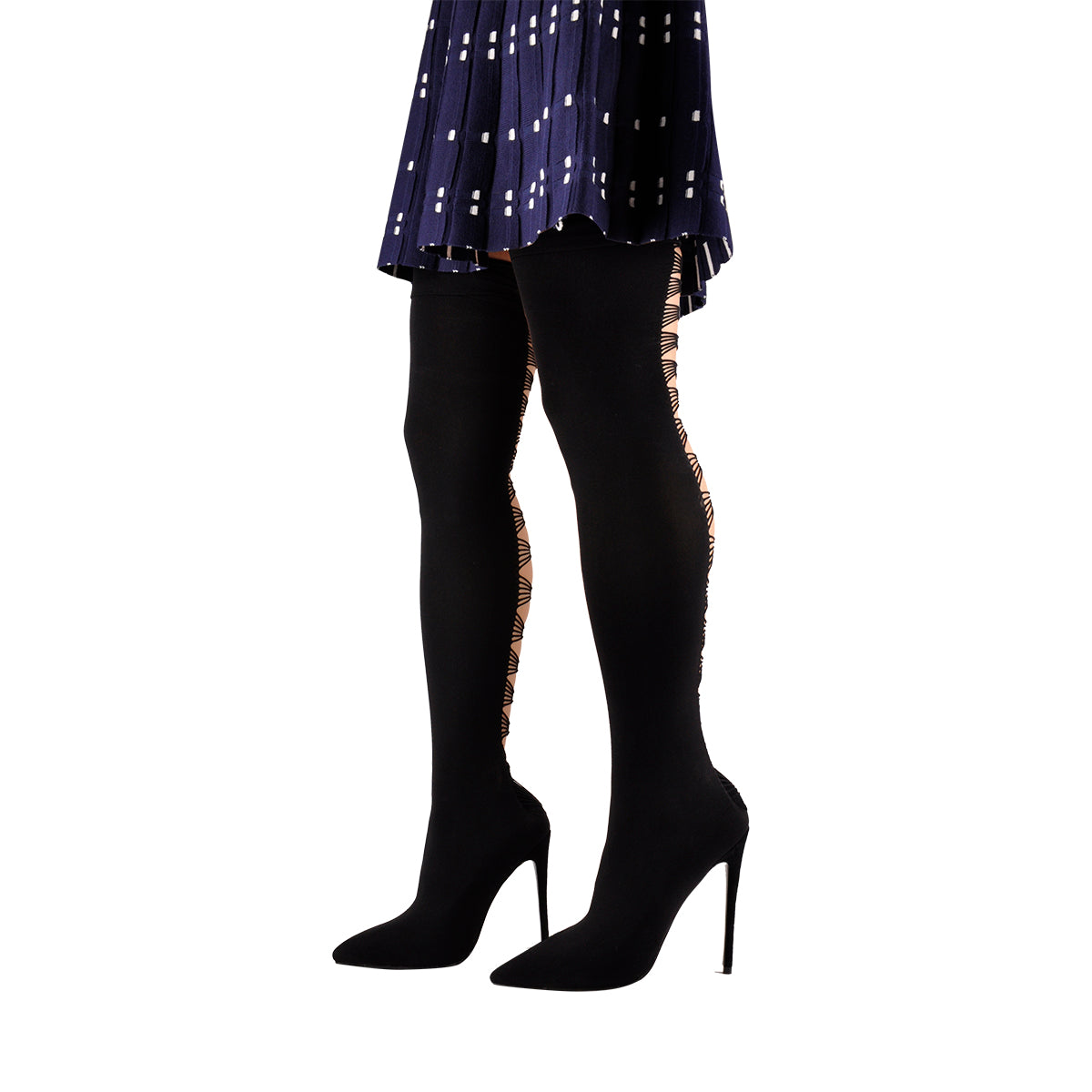 Thigh High Pointy Toe Stiletto Stretch Back Hollow Out Stocking Bootie