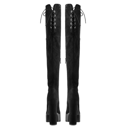 Faux Suede Lace Up Round Toe Thigh High Winter Bootie