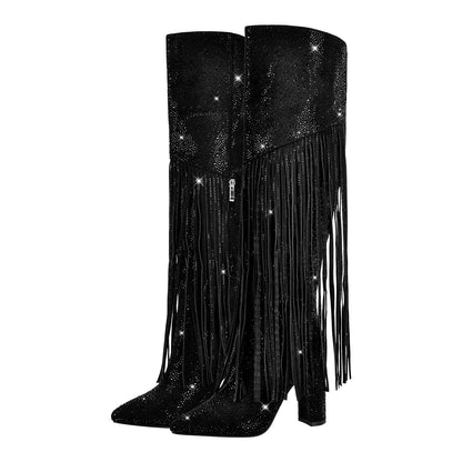 Pointed Toe Rhinestone Tassels Over The Knee Boots