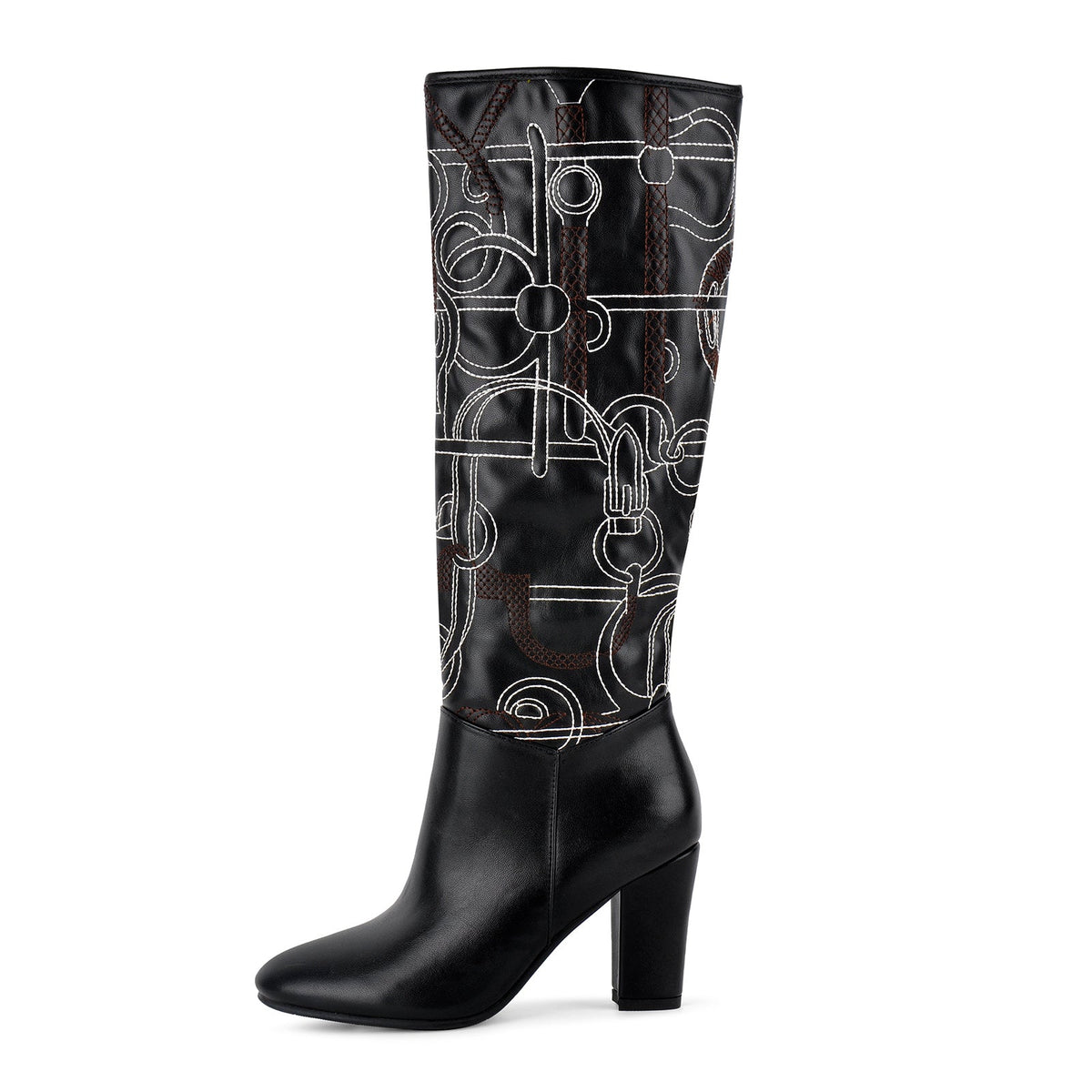 Round Toe Embroidery Chunky Heel Knee High Boots