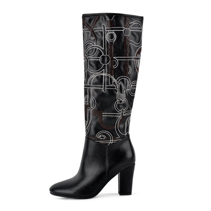 Round Toe Embroidery Chunky Heel Knee High Boots