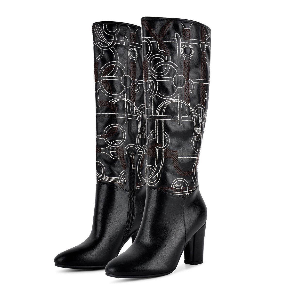 Round Toe Embroidery Chunky Heel Knee High Boots