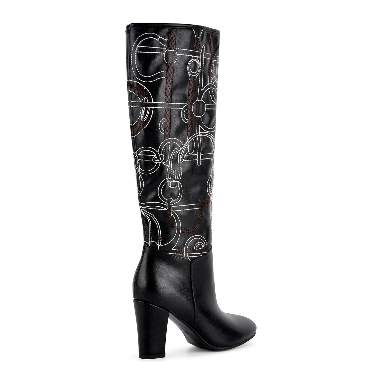 Round Toe Embroidery Chunky Heel Knee High Boots