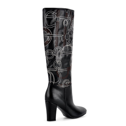 Round Toe Embroidery Chunky Heel Knee High Boots