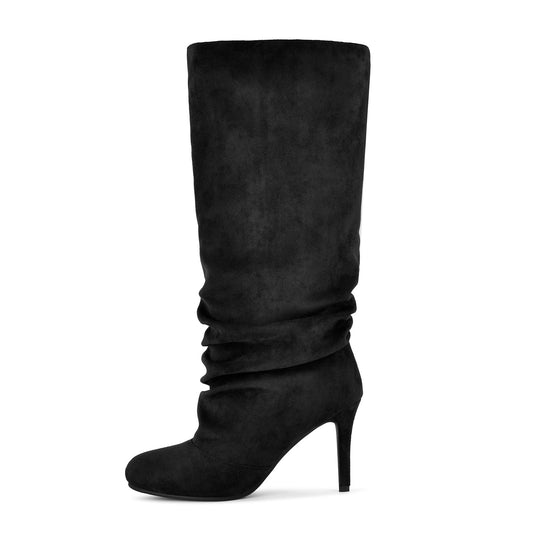Suede Round Toe Ruched Stiletto Knee High Boots