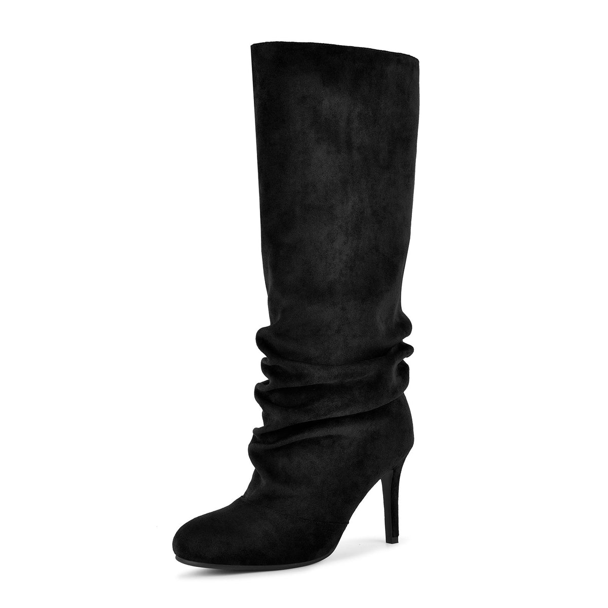 Suede Round Toe Ruched Stiletto Knee High Boots