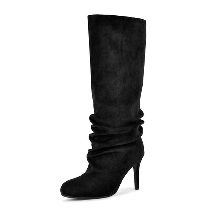 Suede Round Toe Ruched Stiletto Knee High Boots