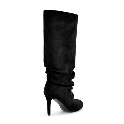 Suede Round Toe Ruched Stiletto Knee High Boots