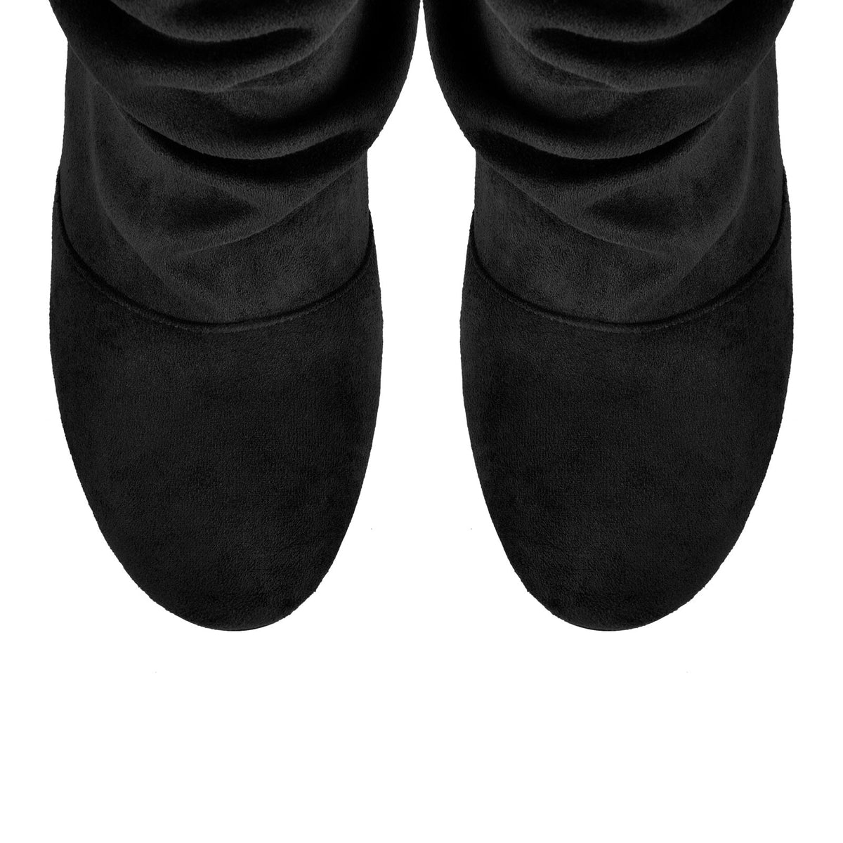 Suede Round Toe Ruched Stiletto Knee High Boots