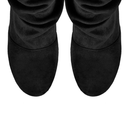 Suede Round Toe Ruched Stiletto Knee High Boots