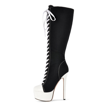 Round Toe Platform Canvas Lace-up Knee High Boots