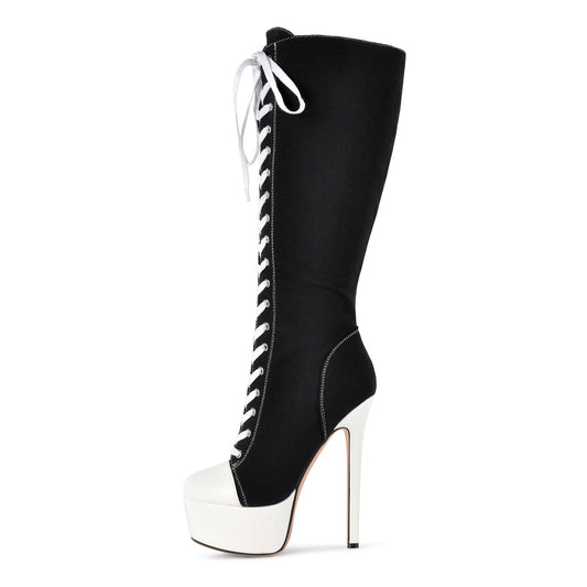 Round Toe Platform Canvas Lace-up Knee High Boots