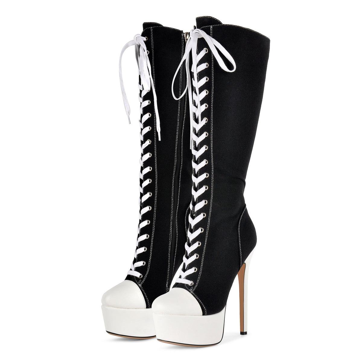 Round Toe Platform Canvas Lace-up Knee High Boots