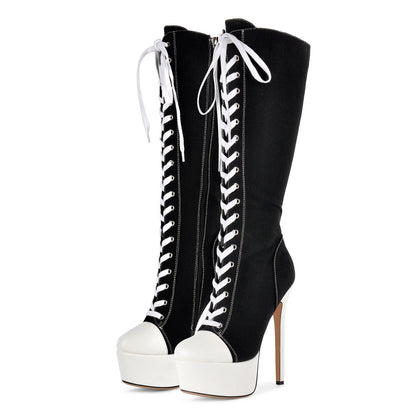Round Toe Platform Canvas Lace-up Knee High Boots