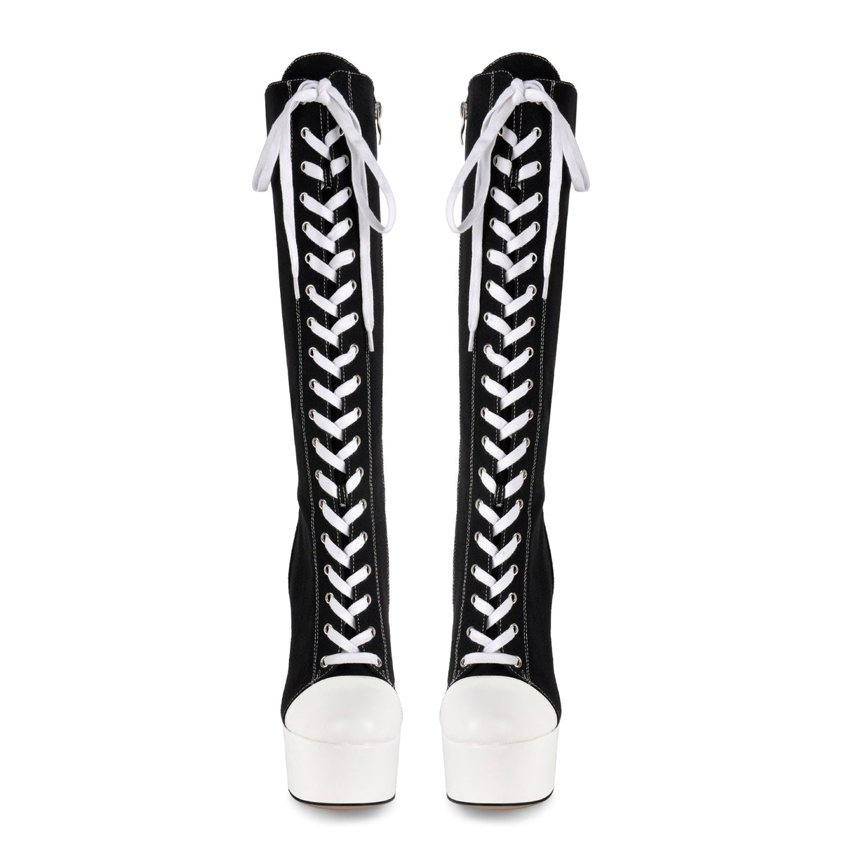 Round Toe Platform Canvas Lace-up Knee High Boots
