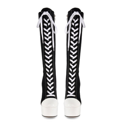 Round Toe Platform Canvas Lace-up Knee High Boots
