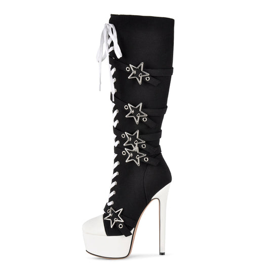 Platform Star Buckle Canvas Lace-up Knee High Boots