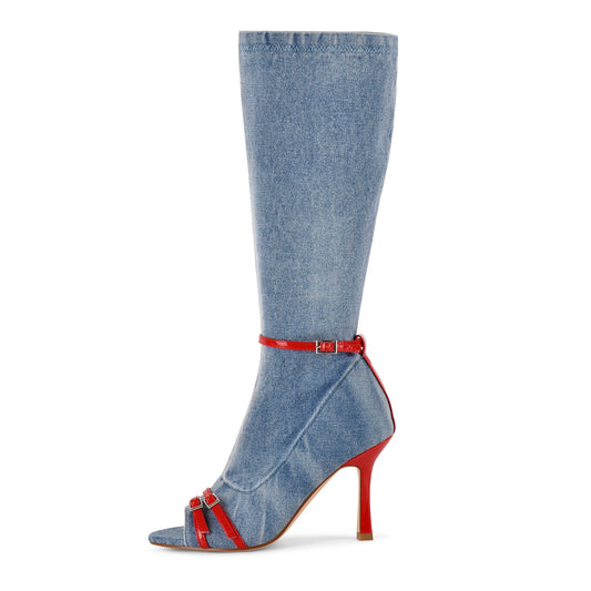 Denim Open Toe Buckle Stiletto Knee High Boots