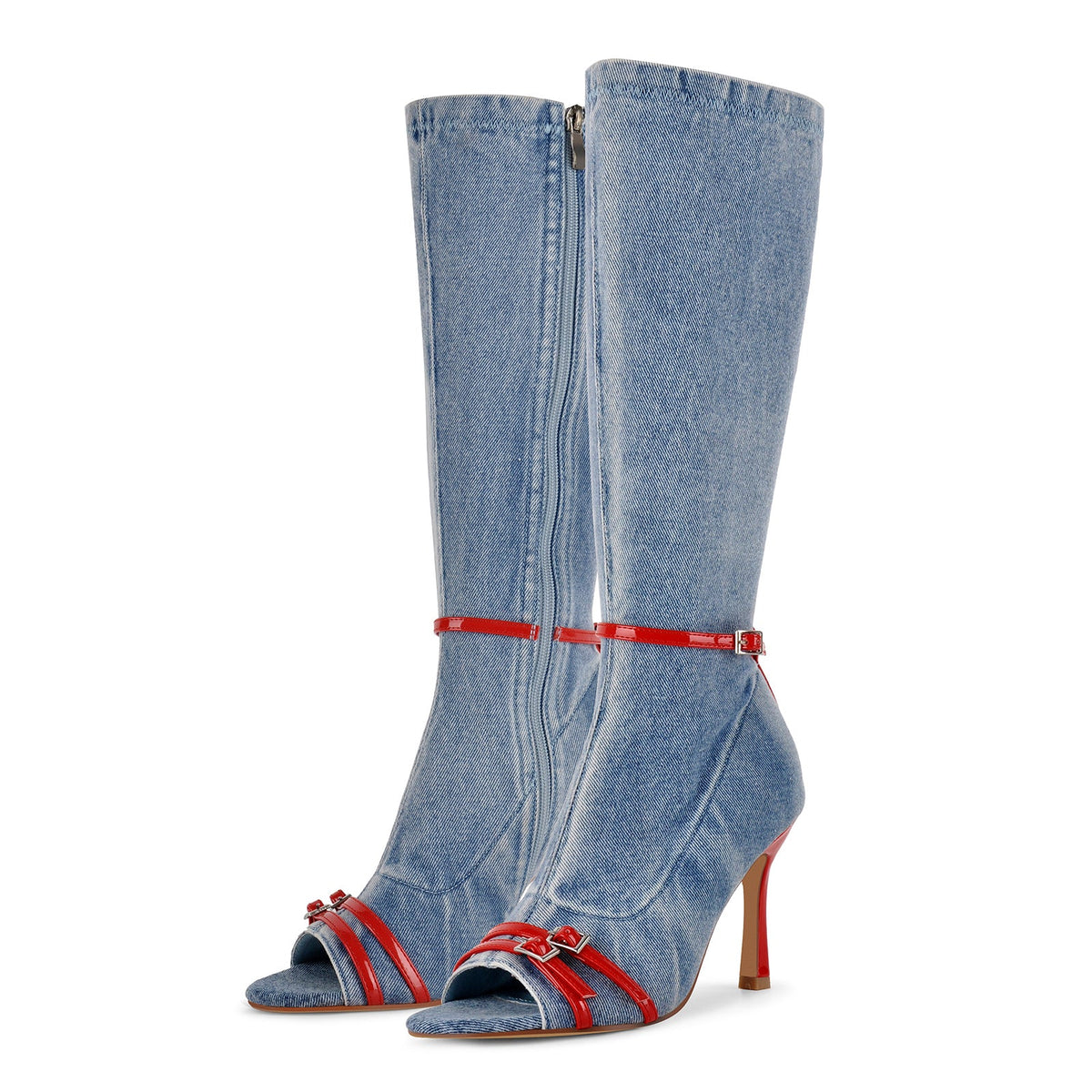 Denim Open Toe Buckle Stiletto Knee High Boots