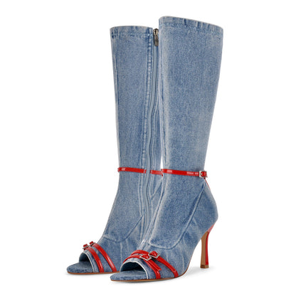 Denim Open Toe Buckle Stiletto Knee High Boots