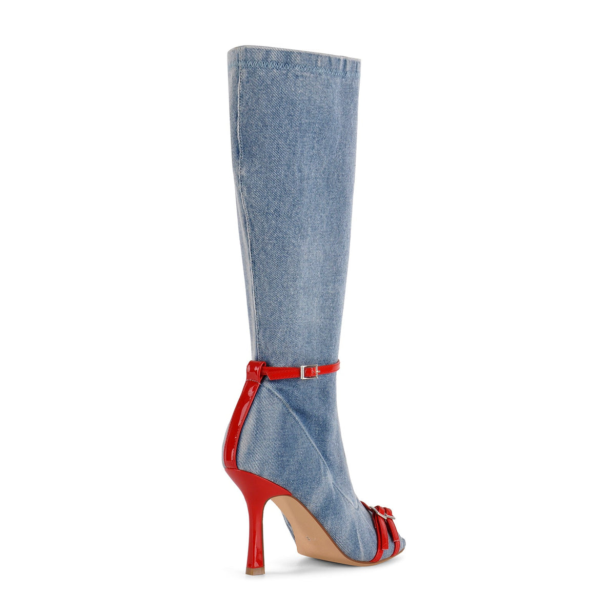 Denim Open Toe Buckle Stiletto Knee High Boots