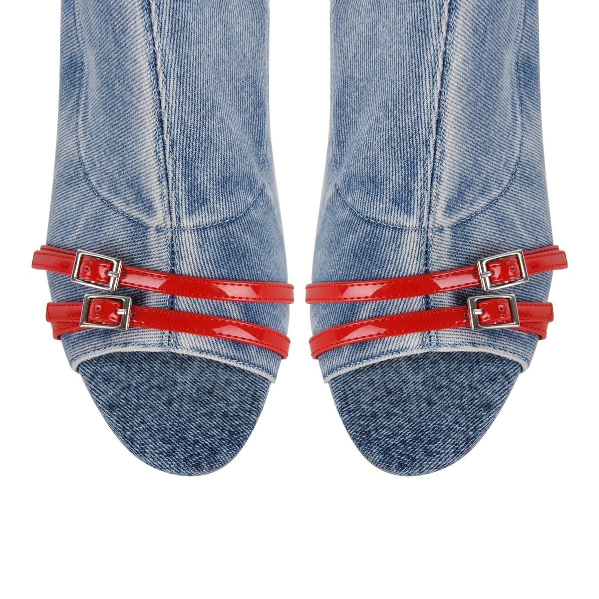 Denim Open Toe Buckle Stiletto Knee High Boots