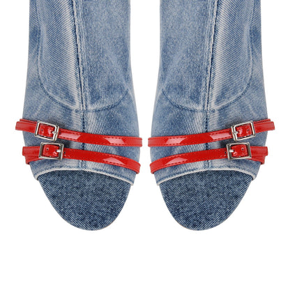 Denim Open Toe Buckle Stiletto Knee High Boots