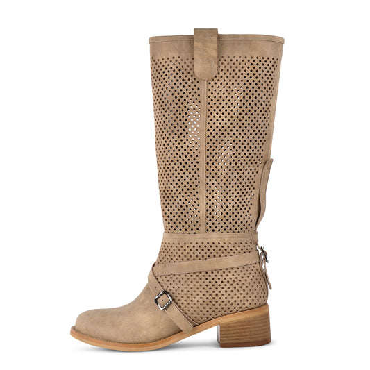 Perforated Buckle Strap Knee High Western Boots