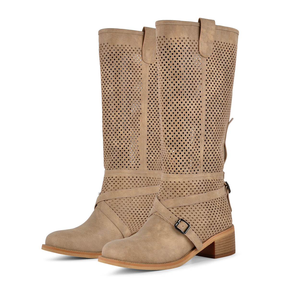 Perforated Buckle Strap Knee High Western Boots
