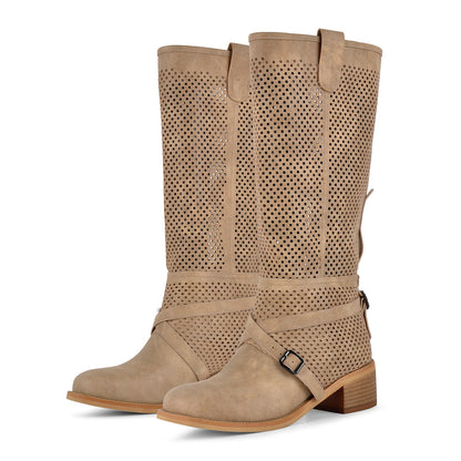 Perforated Buckle Strap Knee High Western Boots