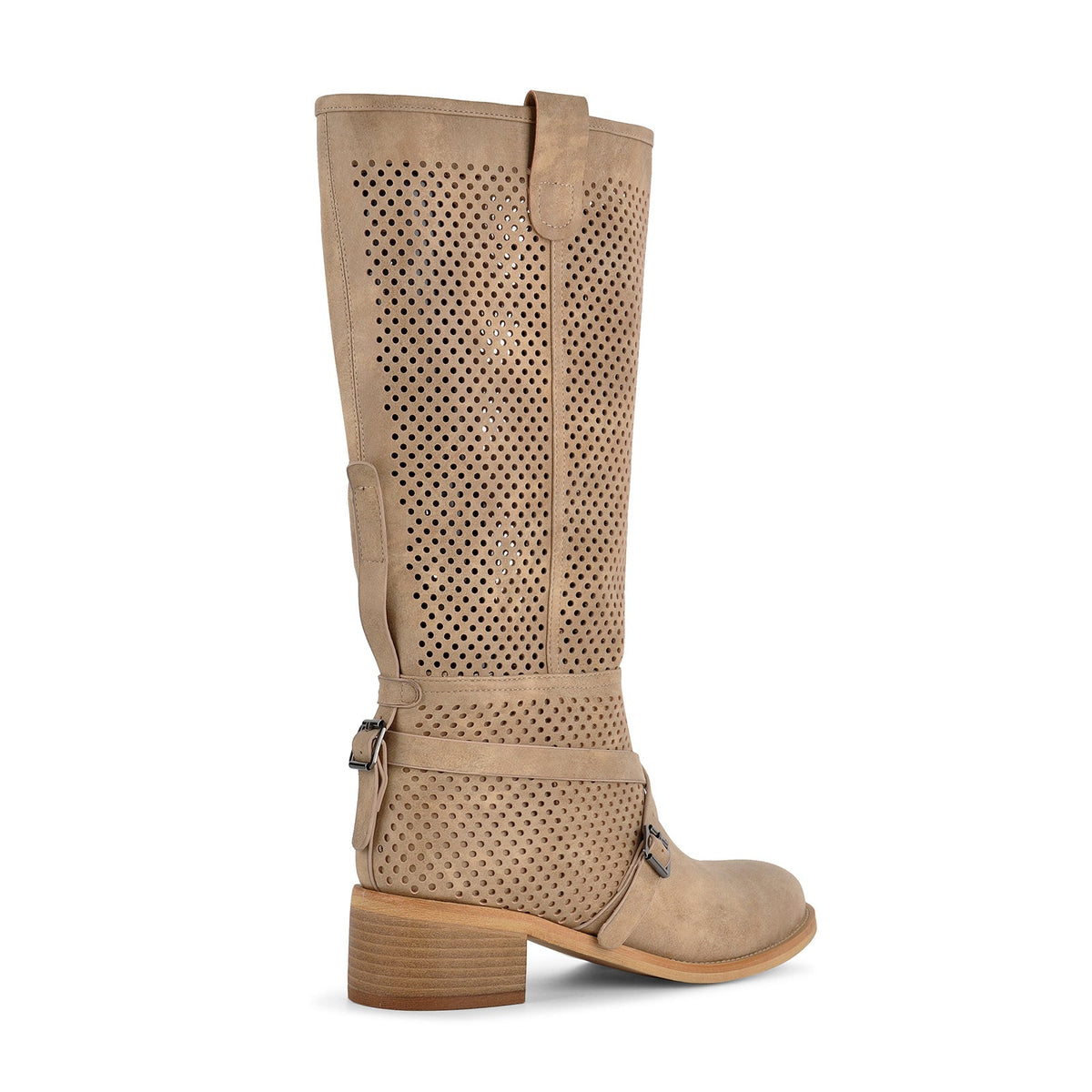 Perforated Buckle Strap Knee High Western Boots