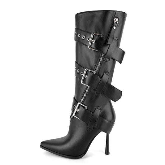 Pointed Toe Buckle Strap Zipper Knee High Boots