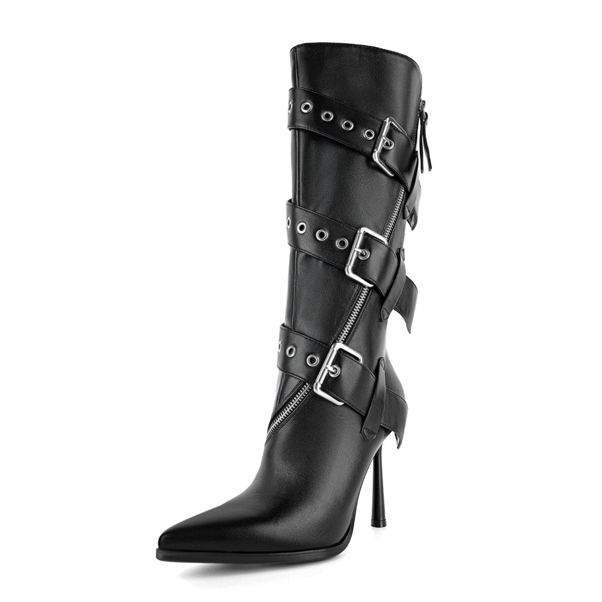 Pointed Toe Buckle Strap Zipper Knee High Boots