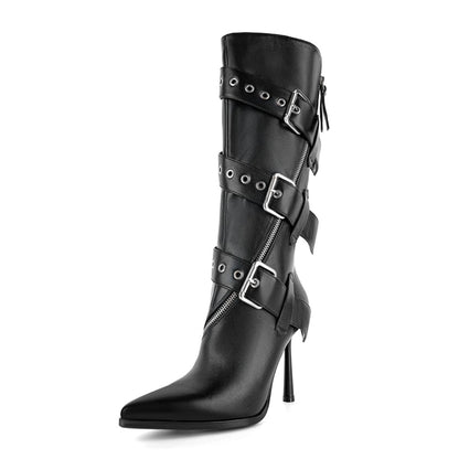 Pointed Toe Buckle Strap Zipper Knee High Boots