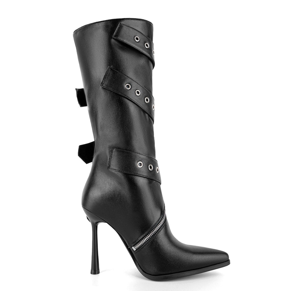 Pointed Toe Buckle Strap Zipper Knee High Boots