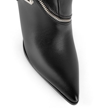 Pointed Toe Buckle Strap Zipper Knee High Boots