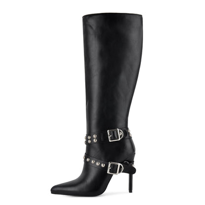 Pointed Toe Studded Buckle Strap Knee High Boots