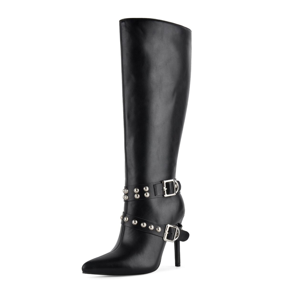 Pointed Toe Studded Buckle Strap Knee High Boots