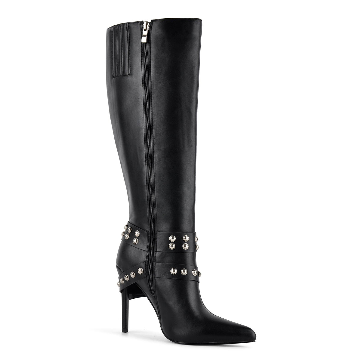 Pointed Toe Studded Buckle Strap Knee High Boots