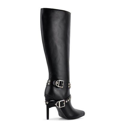 Pointed Toe Studded Buckle Strap Knee High Boots