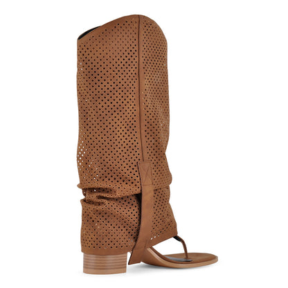 Perforated Flip-Flop Buckle Knee High Boots