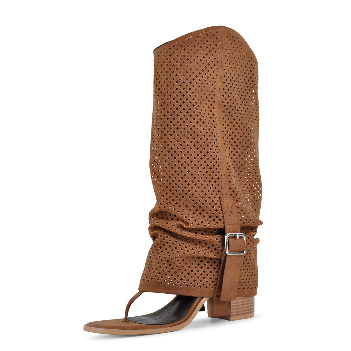 Perforated Flip-Flop Buckle Knee High Boots