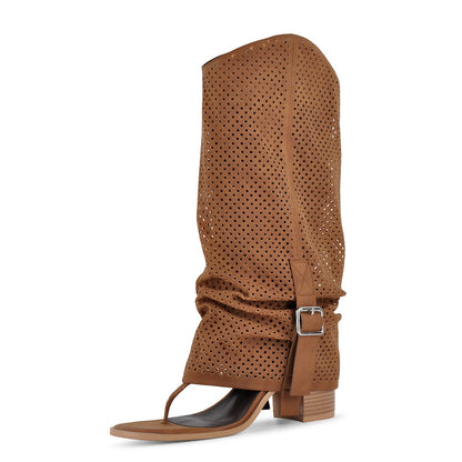 Perforated Flip-Flop Buckle Knee High Boots