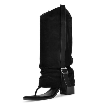 Suede Flip-Flop Buckle Knee High Boots
