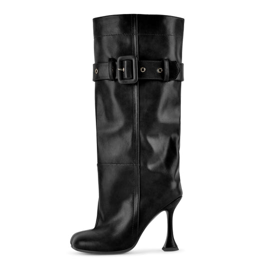 Square Toe Buckle Strap Knee High Boots