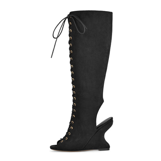 Suede Open Toe Lace-up Wedge Heel Knee High Boots