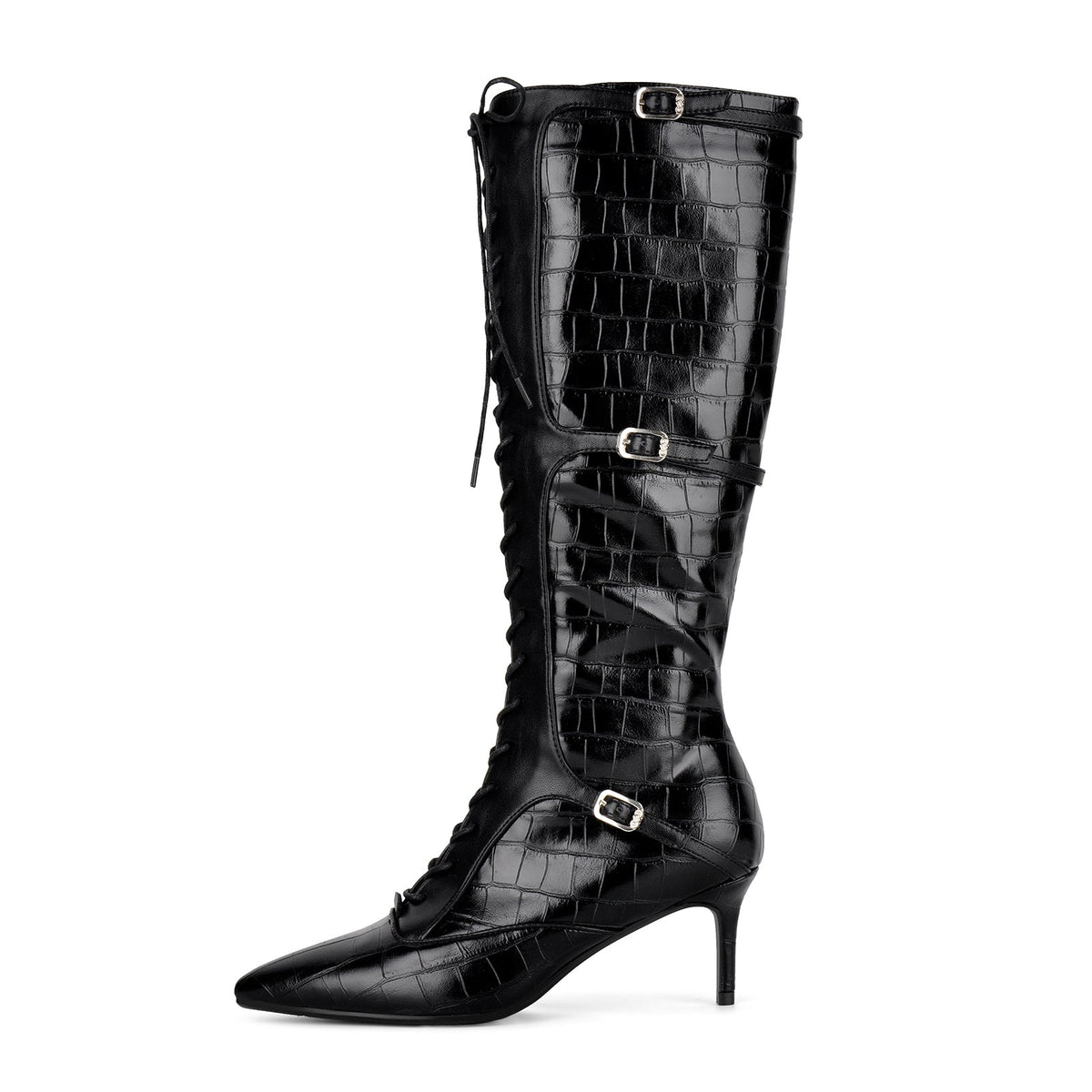 Pointed Toe Stone Buckle Lace-up Knee High Boots