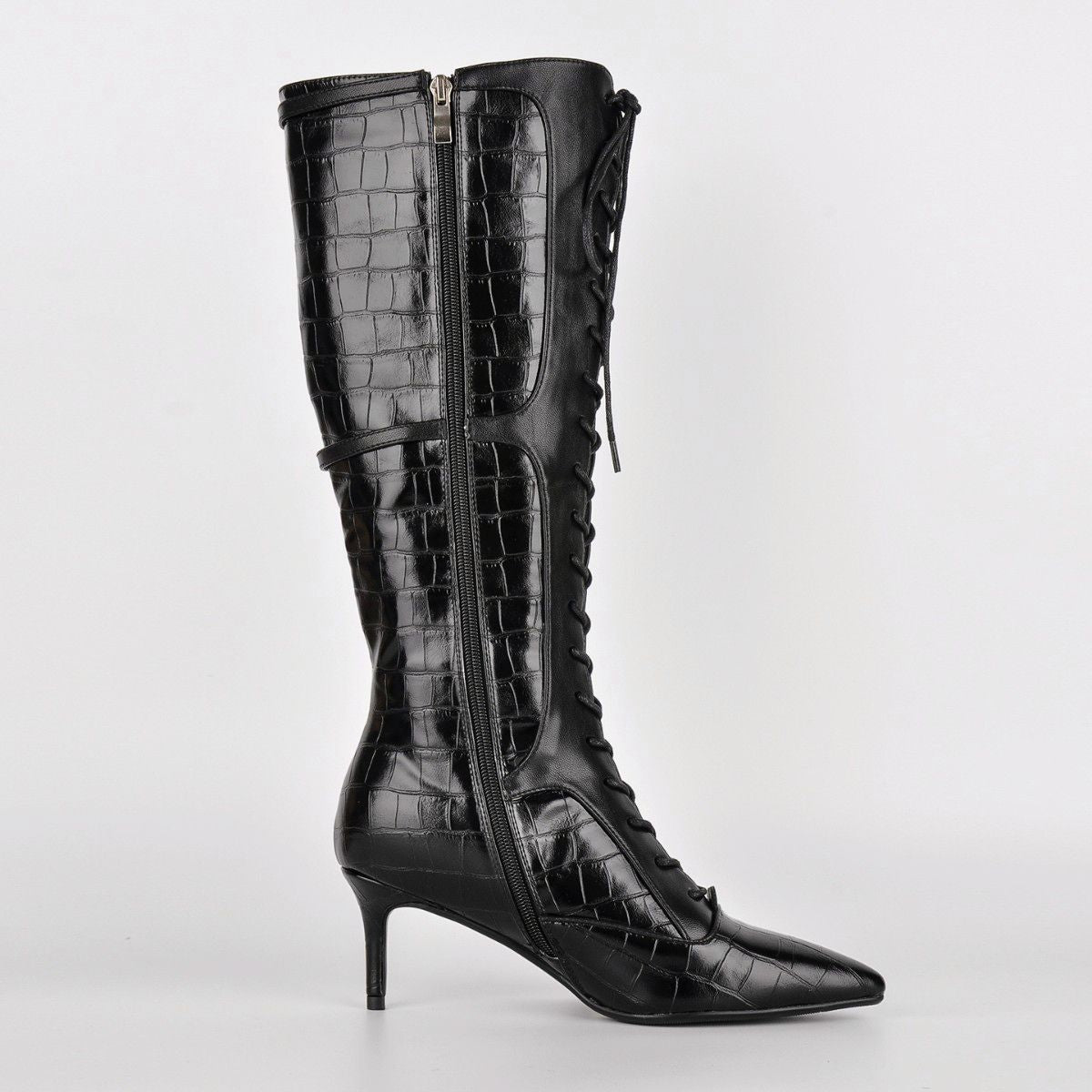 Pointed Toe Stone Buckle Lace-up Knee High Boots